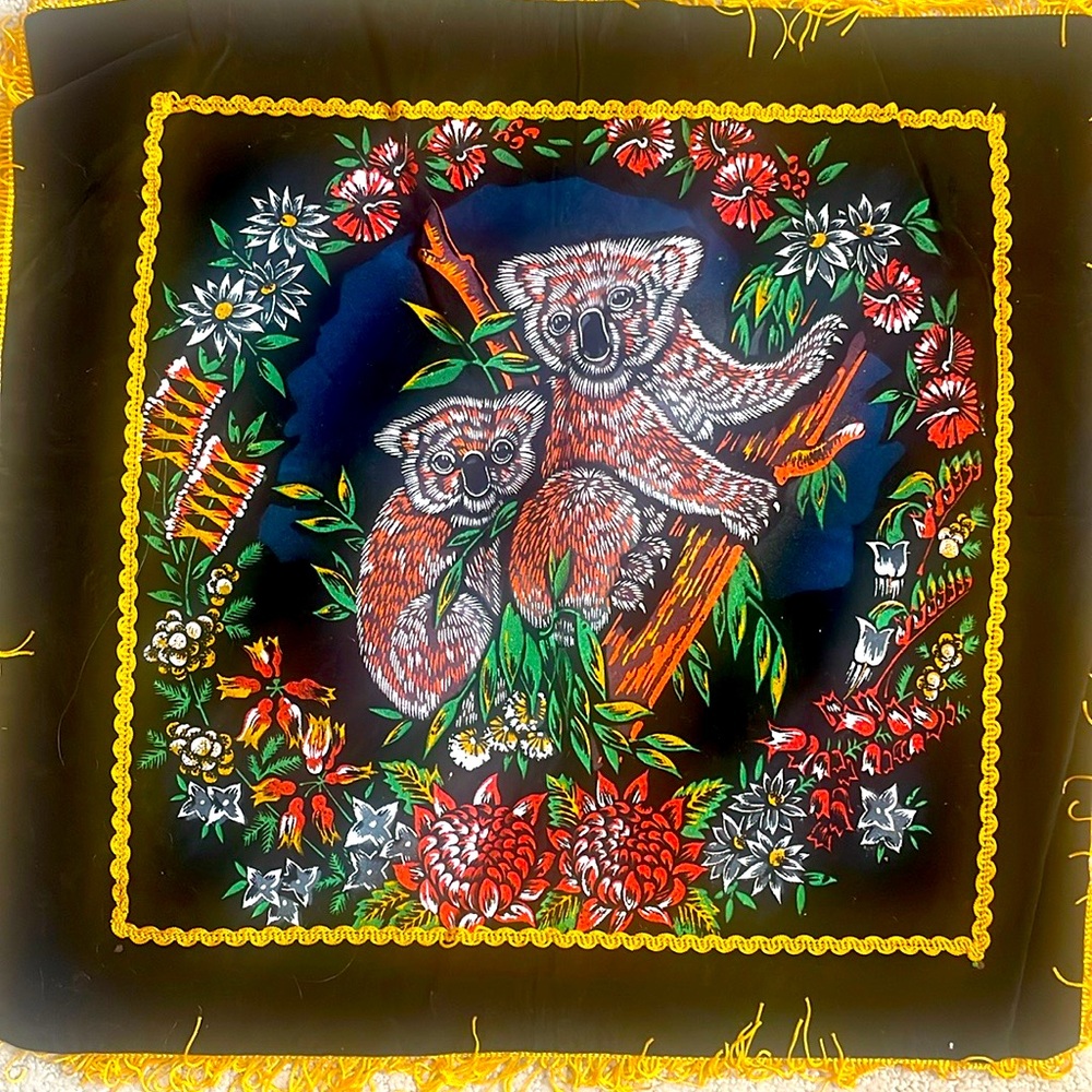 Vntg Hand Painted Velvet Koala Tapestry Pillow Case Wall Hanging Made in Japan